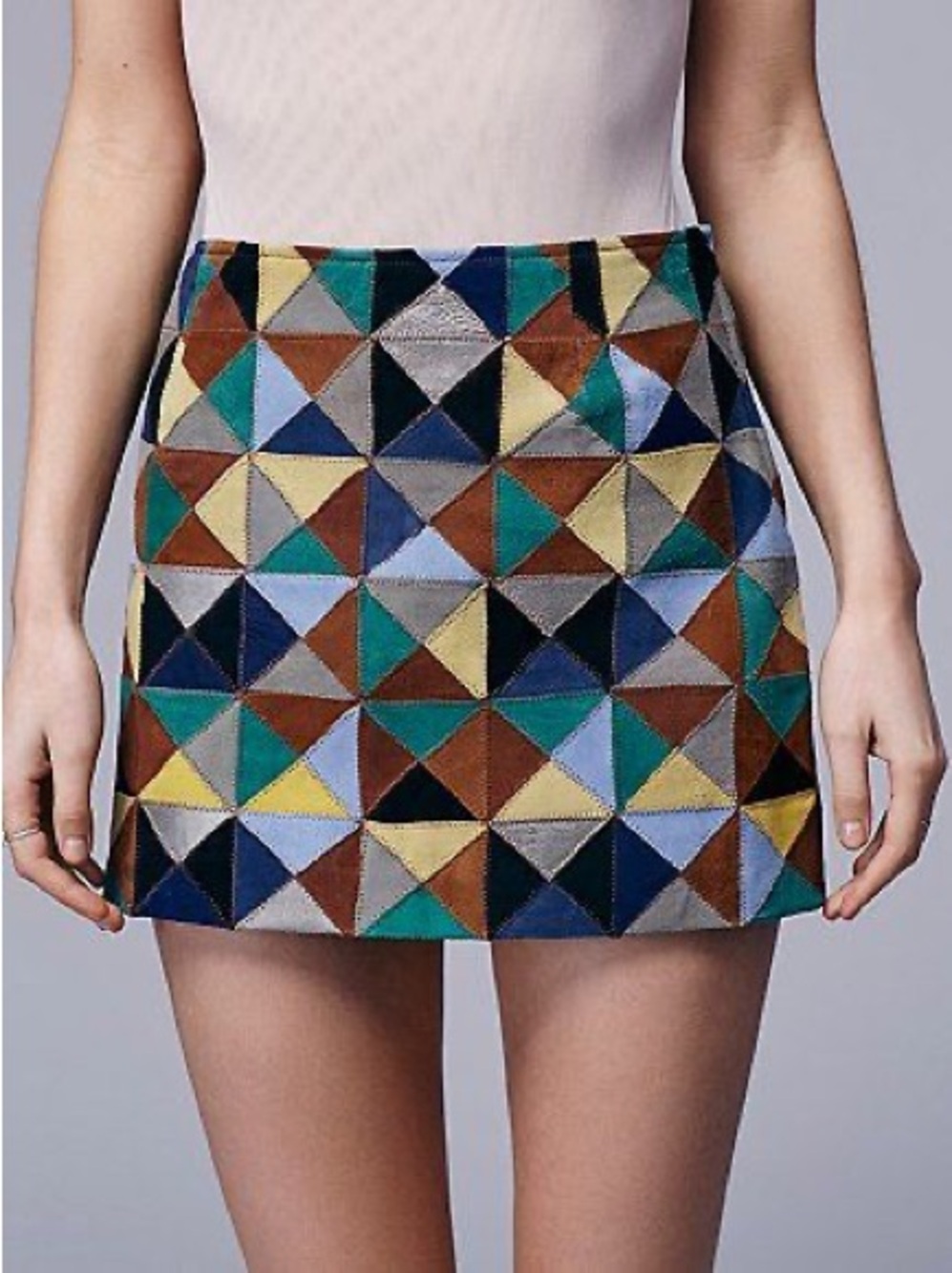 Free People Geometric Patchwork Mini Skirt in Teal, Brown & Navy 100%goat suede
